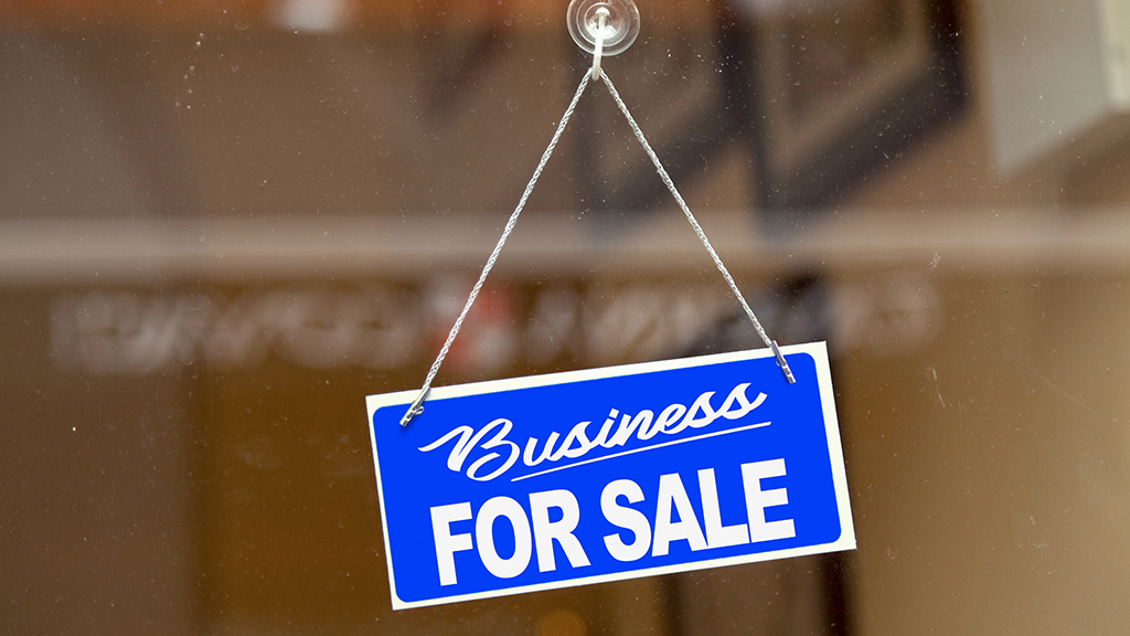 Business for sale sign hangs on a window