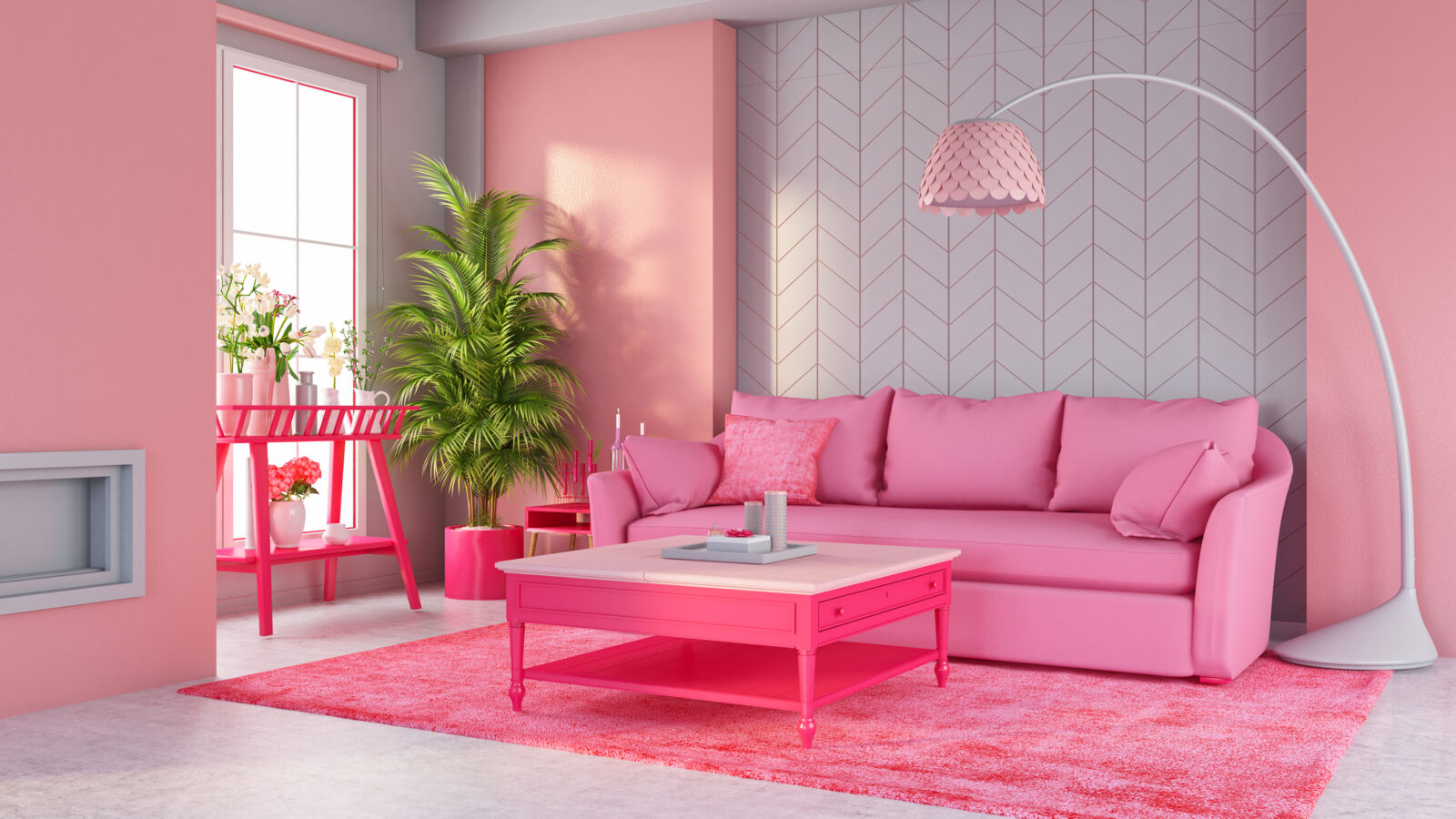 A 3D rendering of a Pastel Pink Living Room with Sofa and Furniture