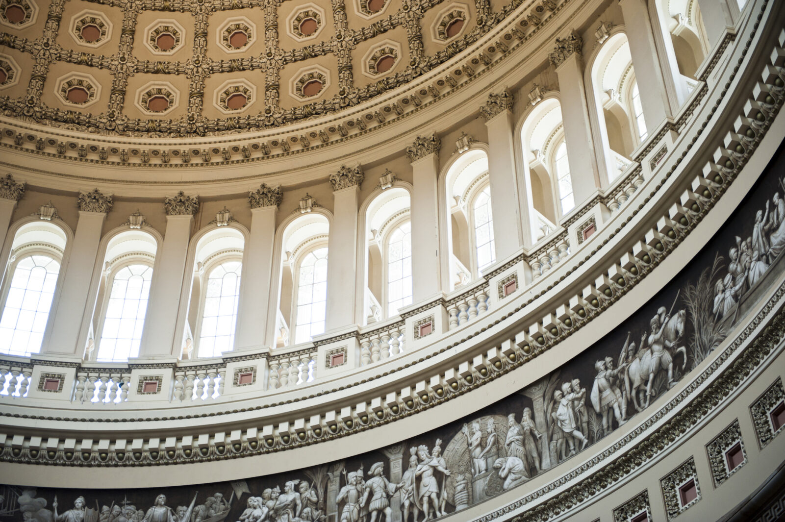 A detailed interior view of the US Capitol Building dome